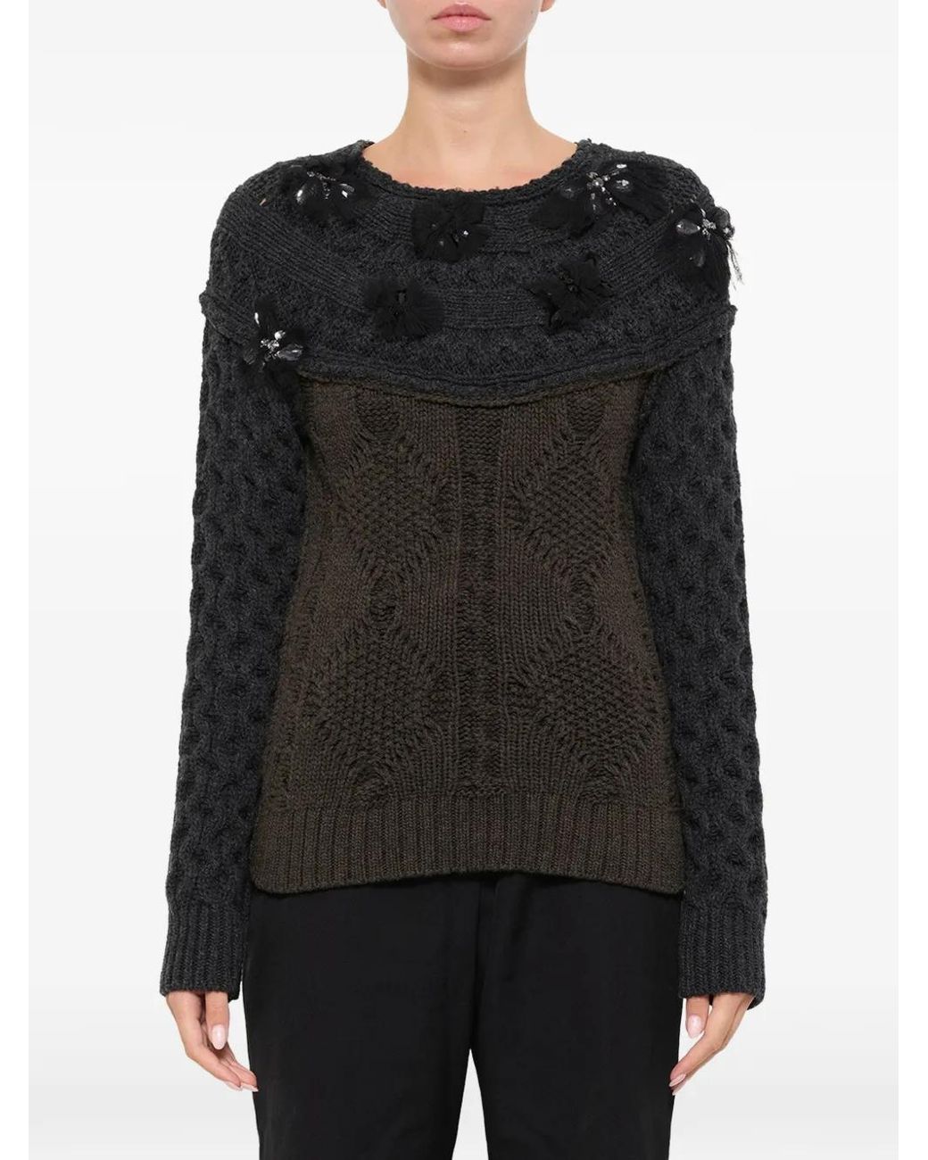 Lanvin Black Embroidered Cable-Knit Sweater