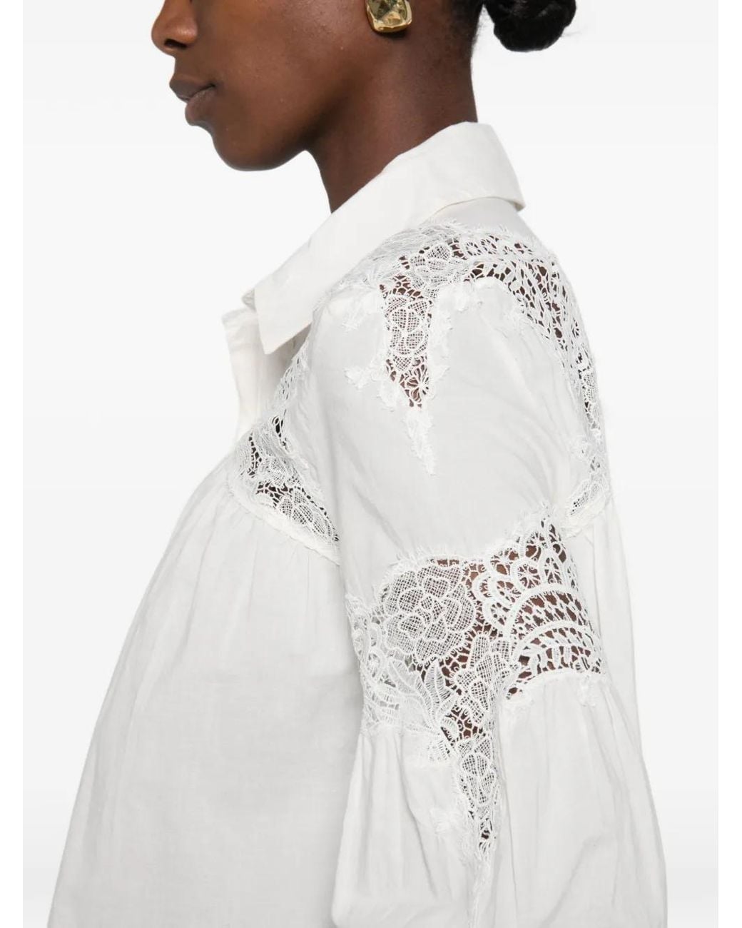 Ba&sh White Roseannie Lace-Panelled Ruffled Blouse