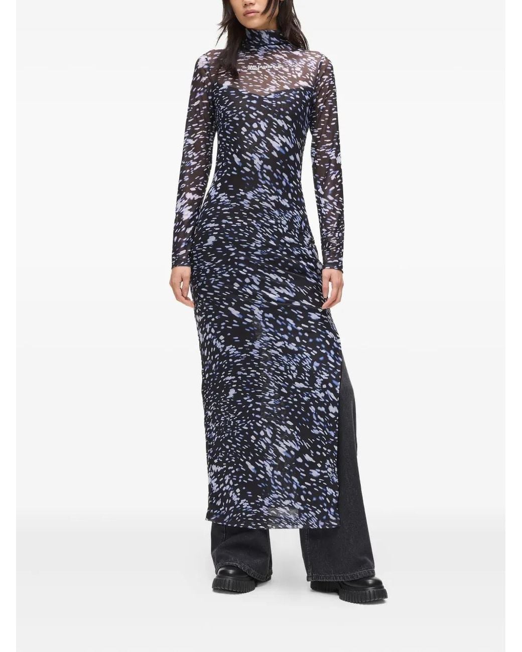 Karl Lagerfeld Blue Mesh High-Neck Dress