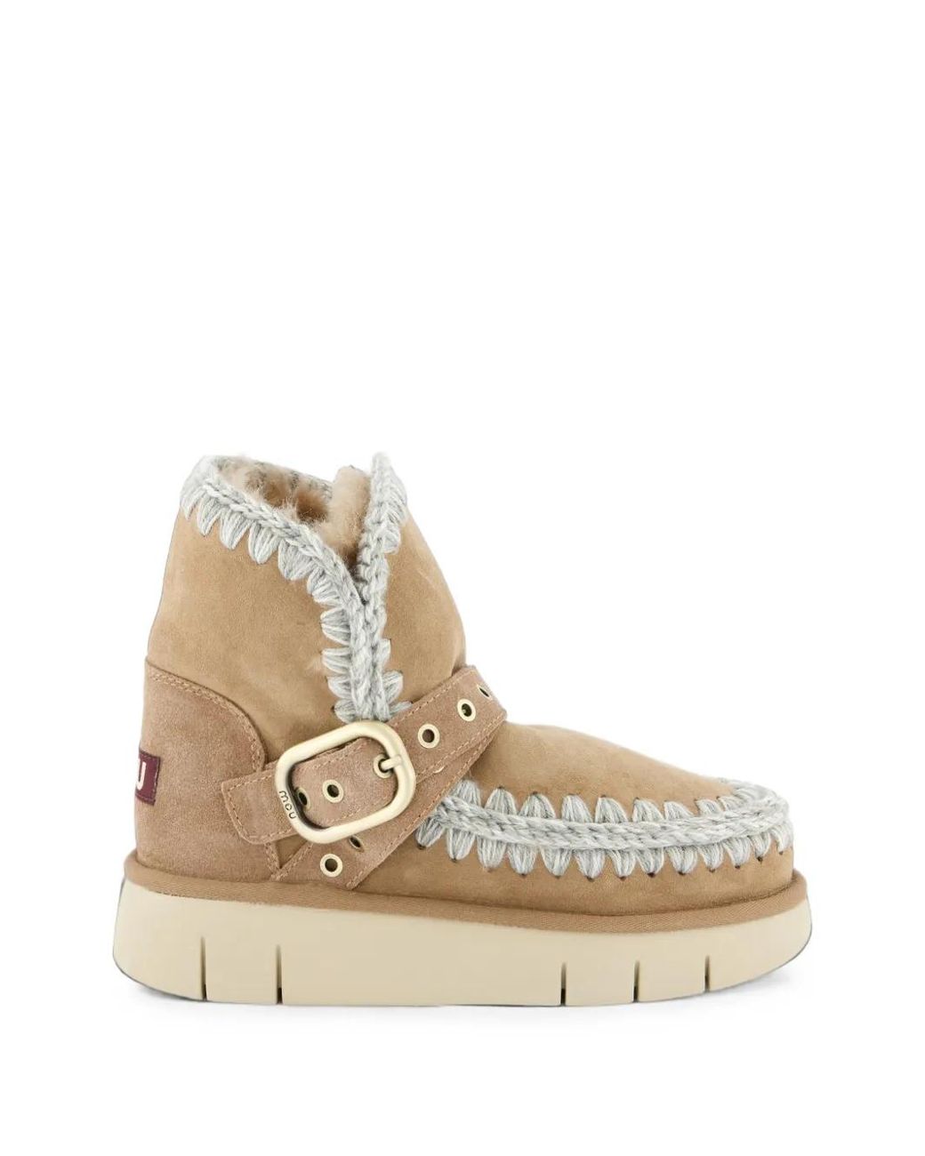 Mou Natural Eskimo Bounce Buckled Crochet-Trim Boots