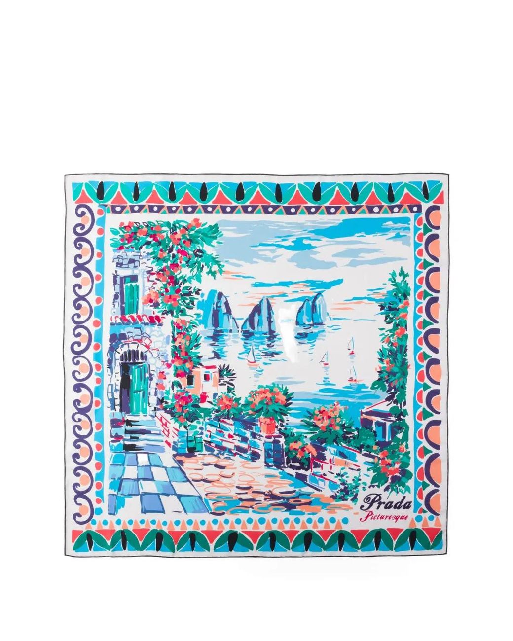 Prada Blue Printed Silk Twill Scarf 90 X 90 Cm