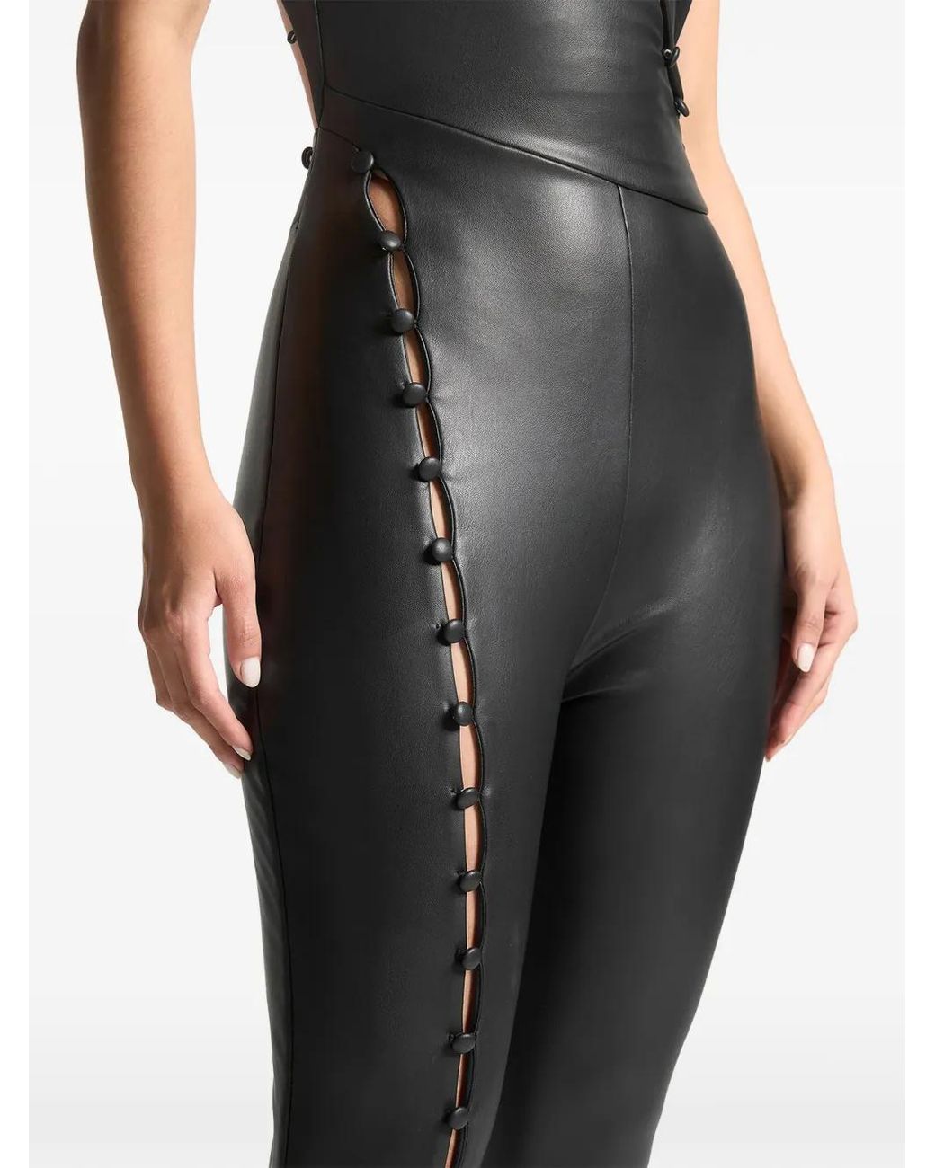 Manière De Voir Black Leather Cut Out Button Detail Jumpsuit