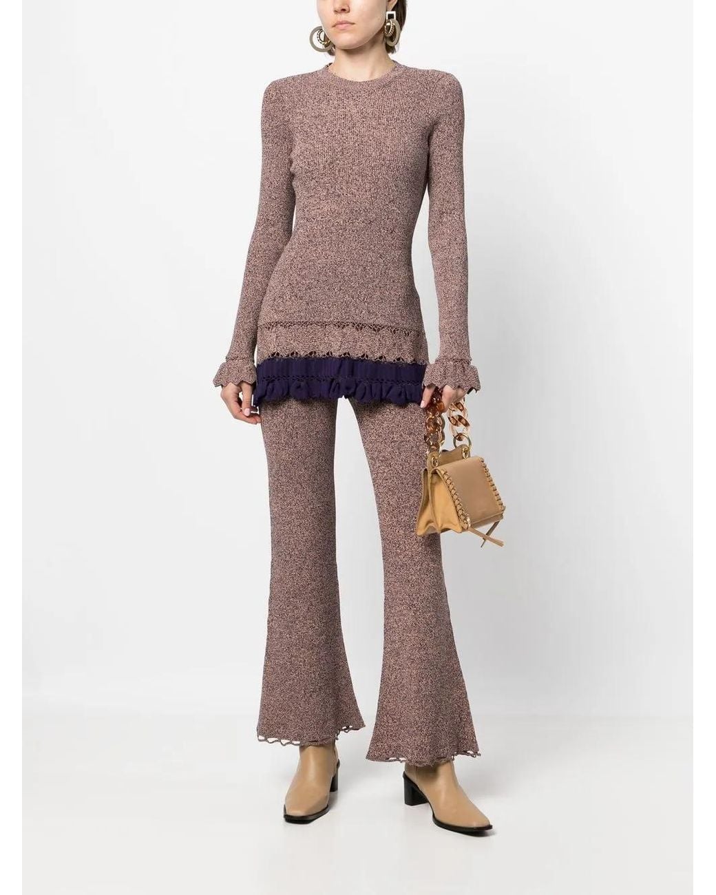 Ulla Johnson Brown Ribbed Ruffle-Trim Jumper