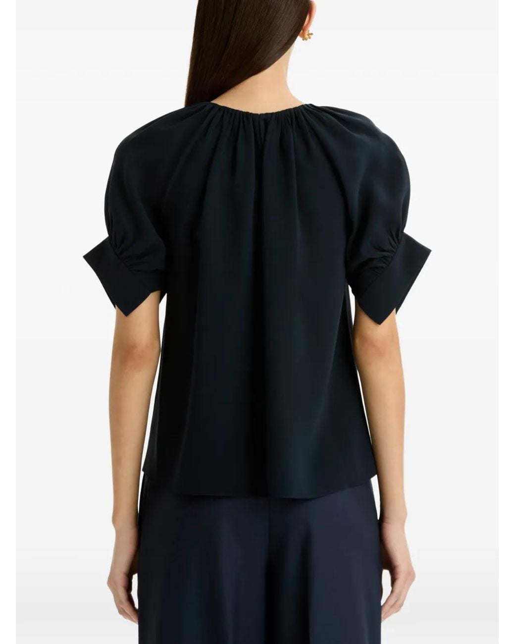 Oscar de la Renta Blue Gathered Silk Georgette Blouse
