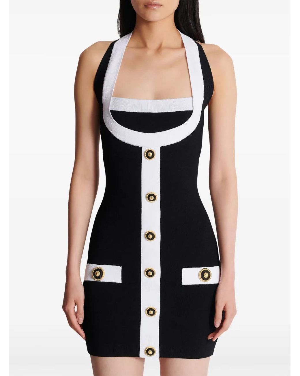 Balmain Black Two-Tone Halterneck Knit Mini Dress