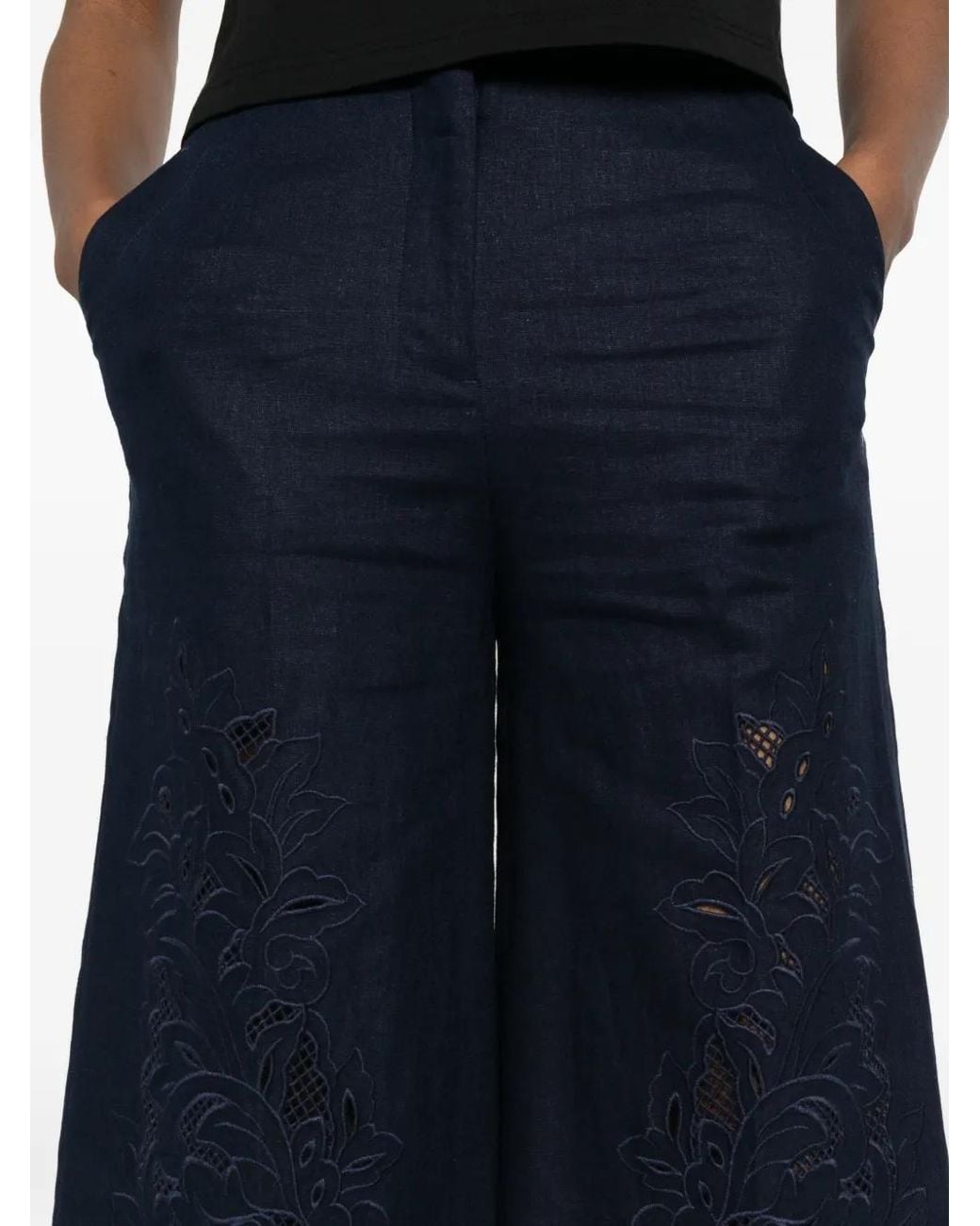 Twinset Blue Linen Blend Cropped Trousers With Embroidery