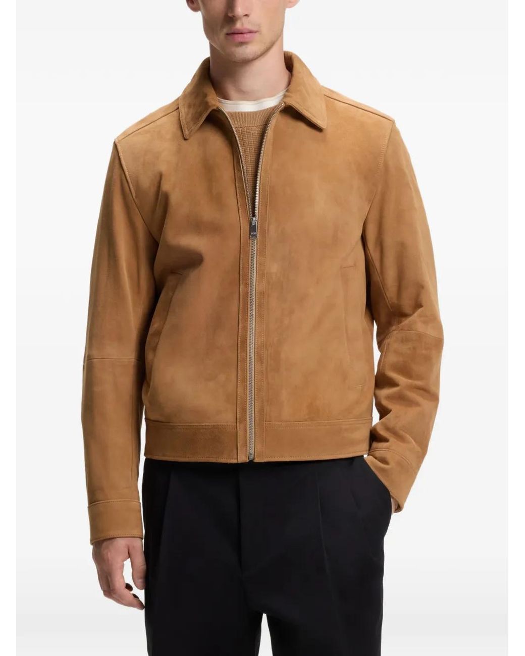 Boss Brown Suede Leather Jacket With Zipper Closure for men