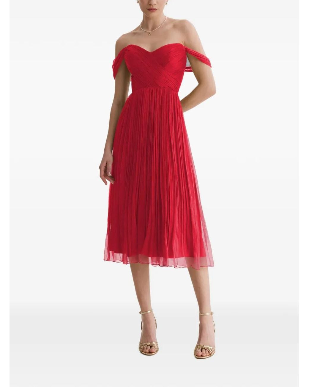 Framboise Red Cannelineoff-Shoulder Pleated Midi Dress