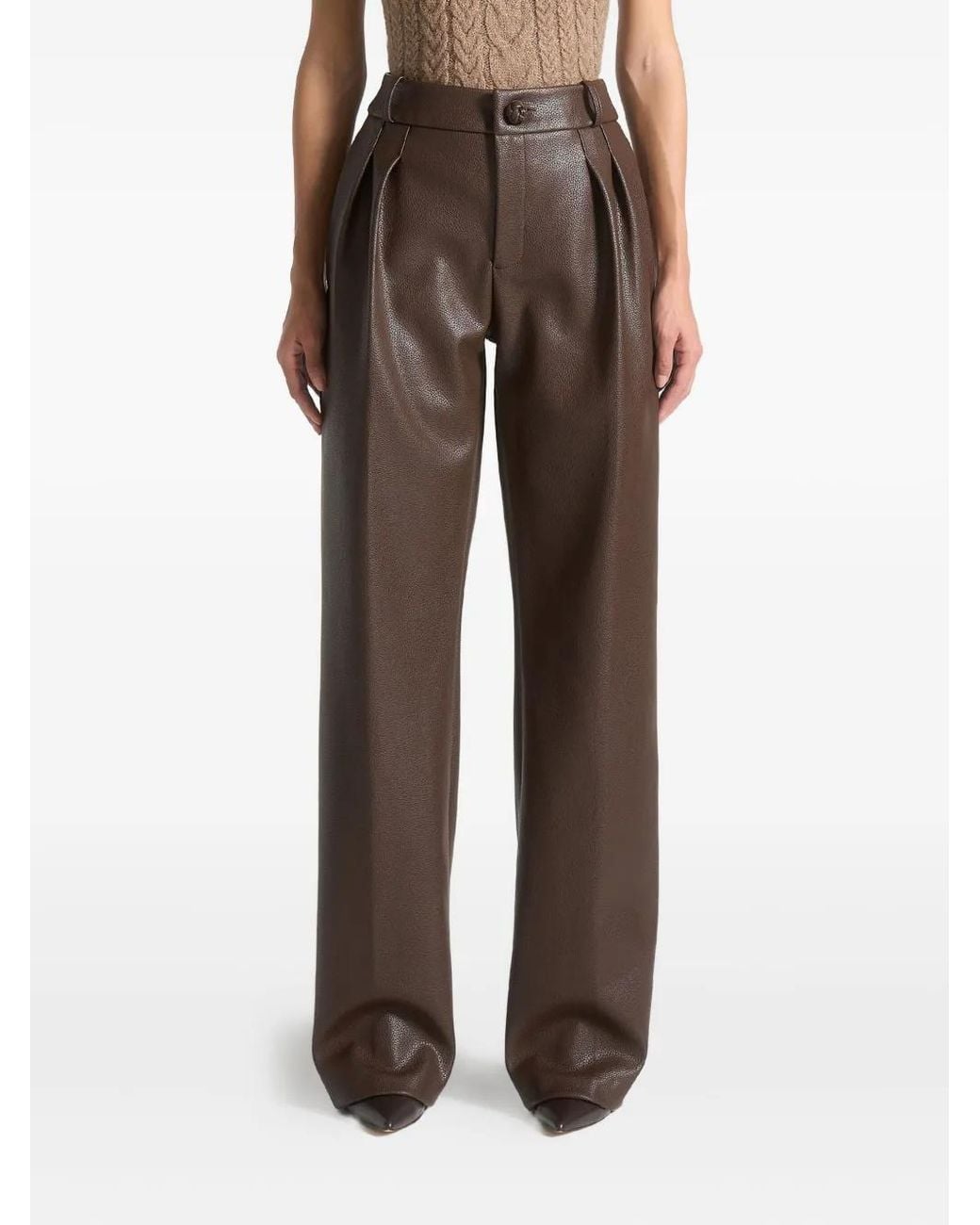 Manière De Voir Brown Pebbled Leather Pleated Stacked Trousers