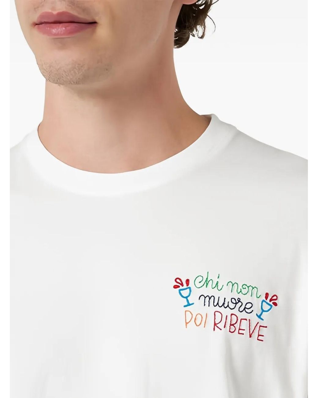 Mc2 Saint Barth White Classic Fit Cotton Jersey T-Shirt Portofino With Chi Non Muore Poi Ribeve Embroidery for men