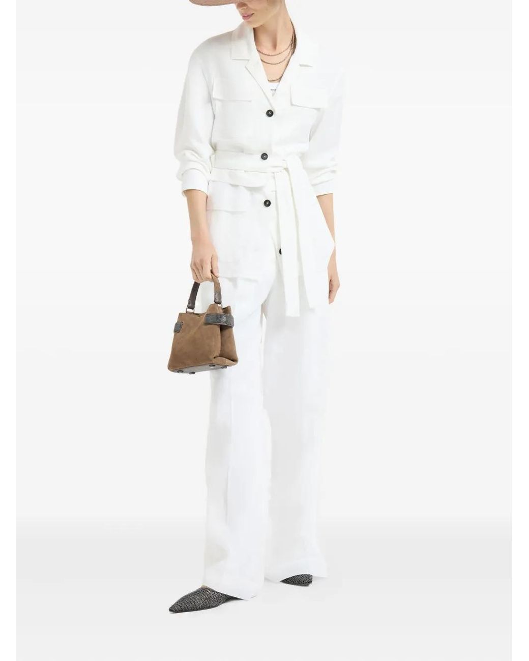 Brunello Cucinelli White Belted Pocket Jacket