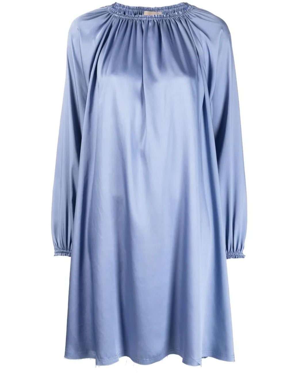 Blanca Vita Blue Gathered-Detail Long-Sleeve Dress