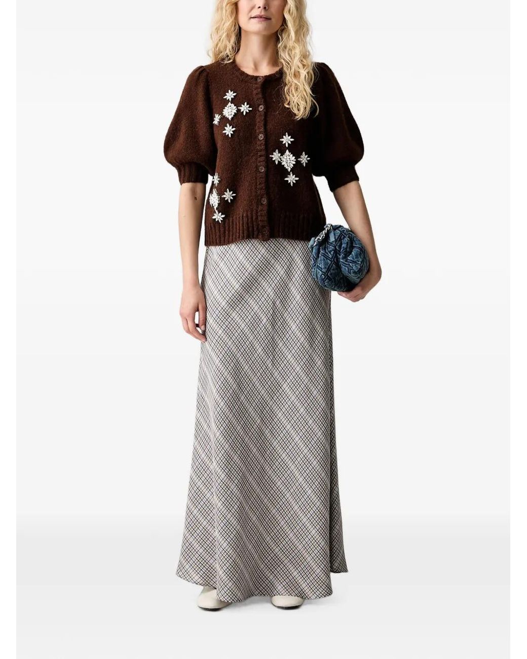 Munthe Brown Check-Pattern Flared Maxi Skirt