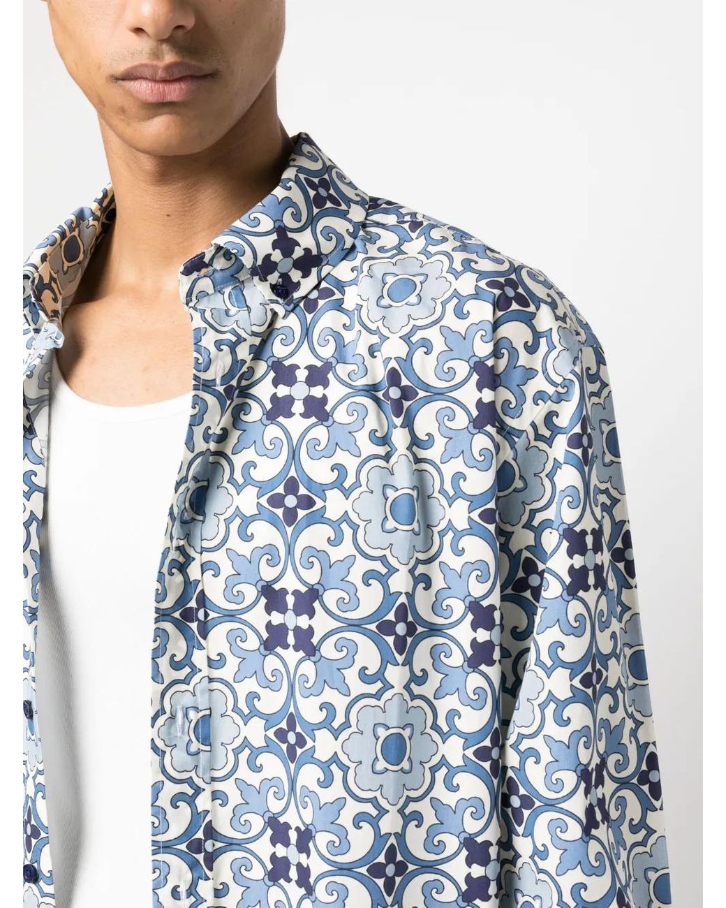 Drole de Monsieur Blue Faïence Geometric-Print Cotton Shirt for men