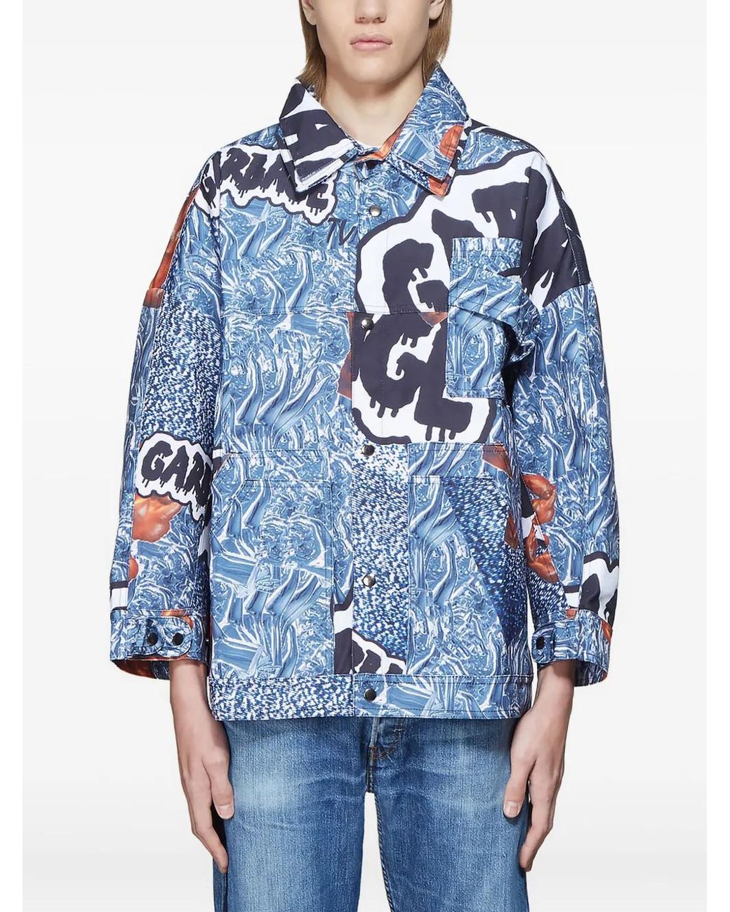 Garbage TV Blue Graffiti-Print Canvas Jacket for men