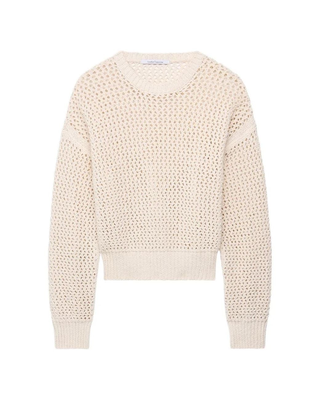Another Tomorrow White Open-Knit Crew-Neck Sweater