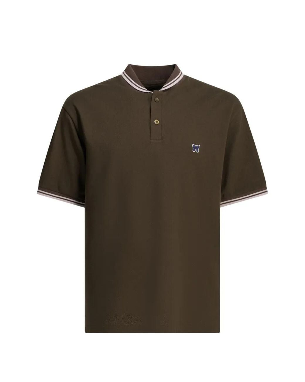 Needles Green Embroidered-Logo Striped-Trim Polo Shirt for men