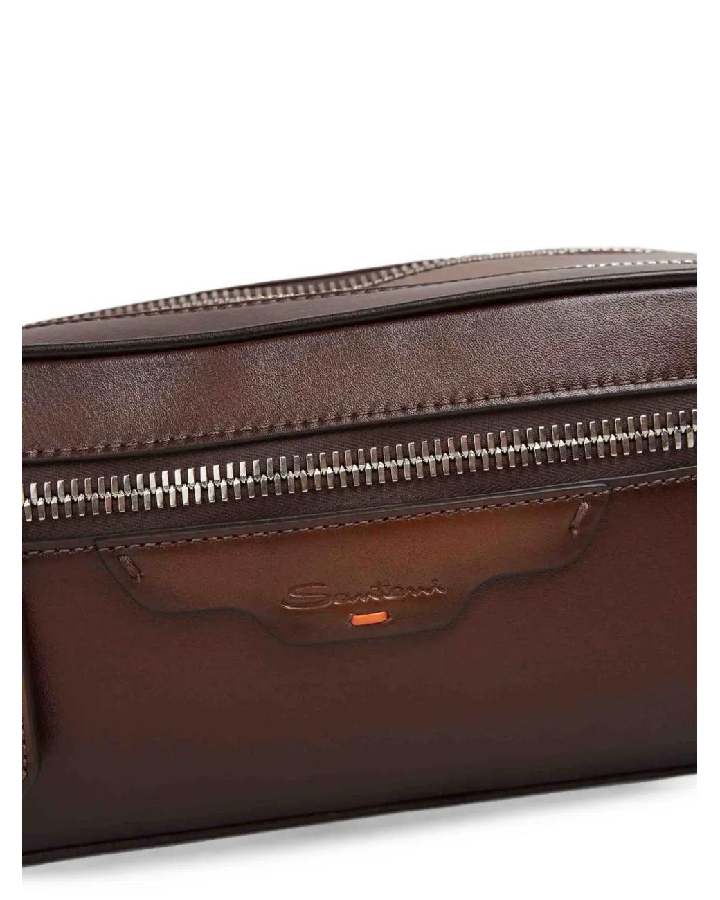 Santoni Brown Grained Leather Toiletry Bag for men