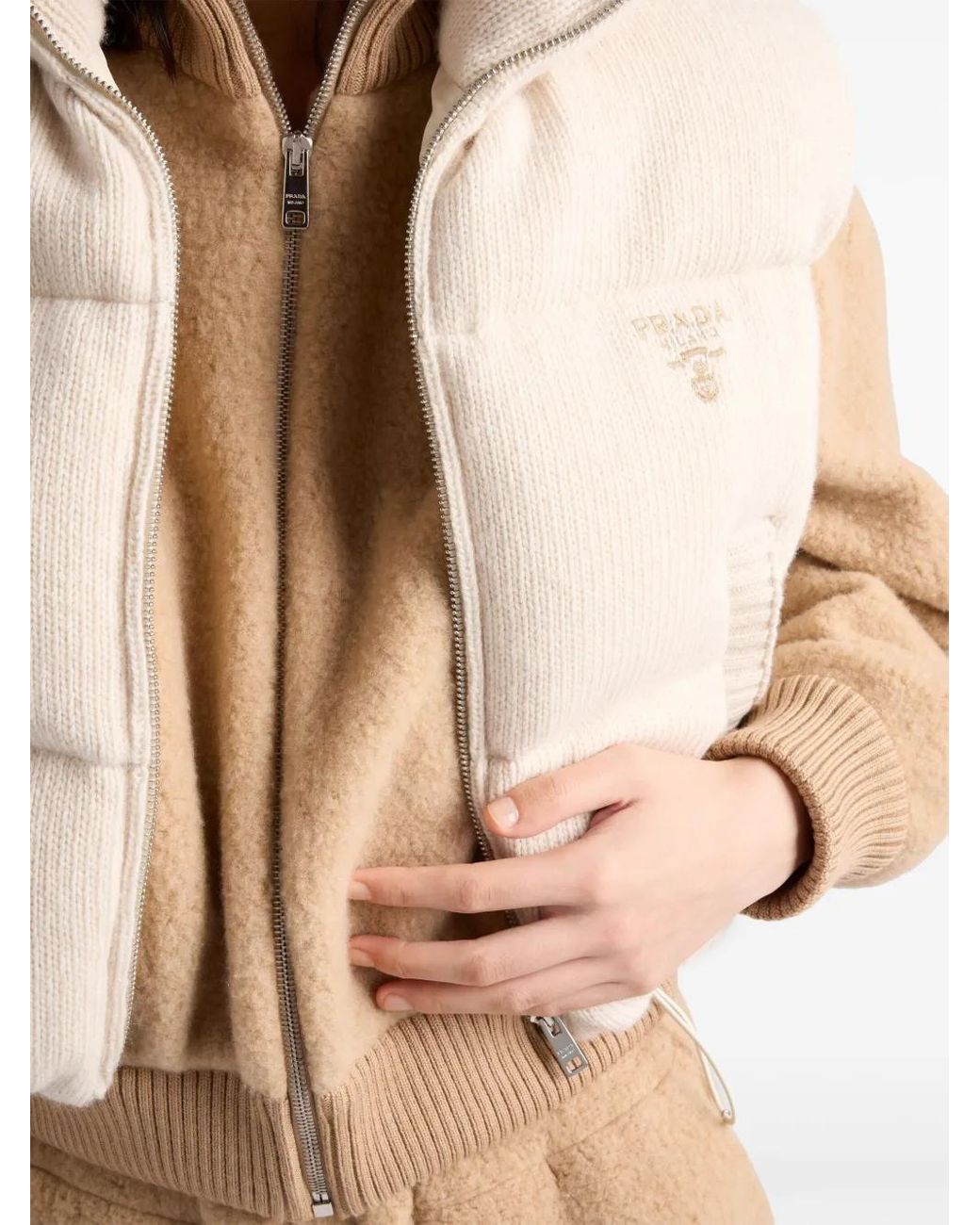 Prada Natural Embroidered Logo Wool-Cashmere Down Vest
