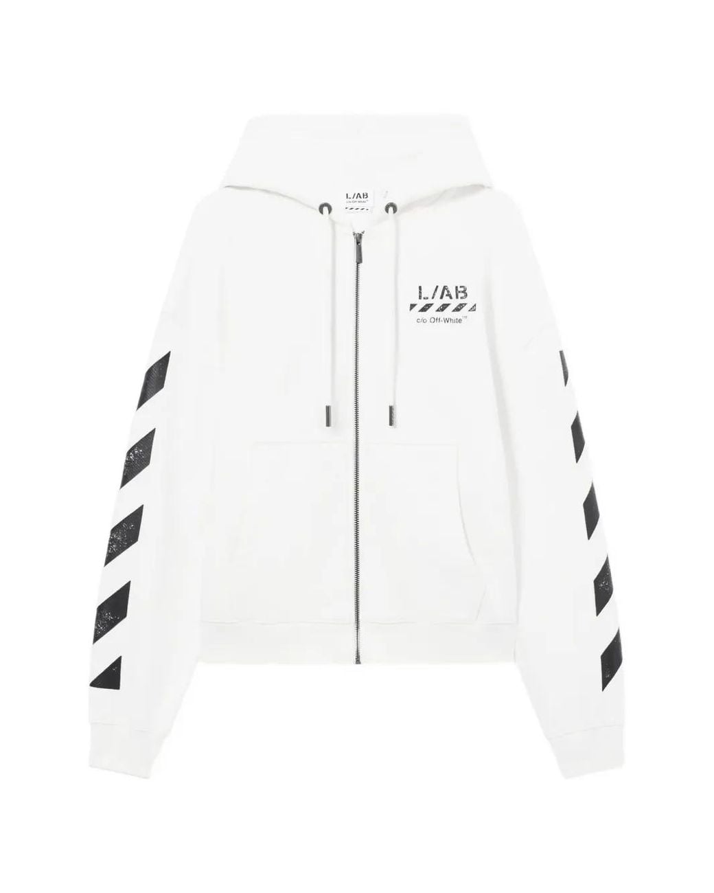 LAB C.O. OFF WHITE White Diagonal-Print Zip-Up Hoodie for men