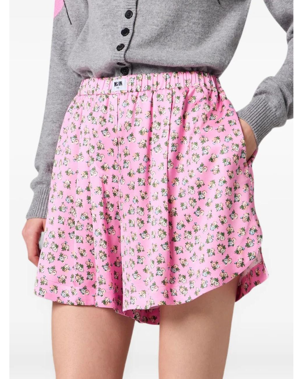 MSGM Pink Floral-Print Mini Shorts