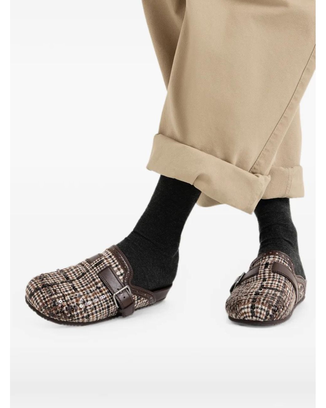 Brunello Cucinelli Brown Water-Resistant Alpaca And Wool Check Slippers With Dazzling Dégradé Embroidery