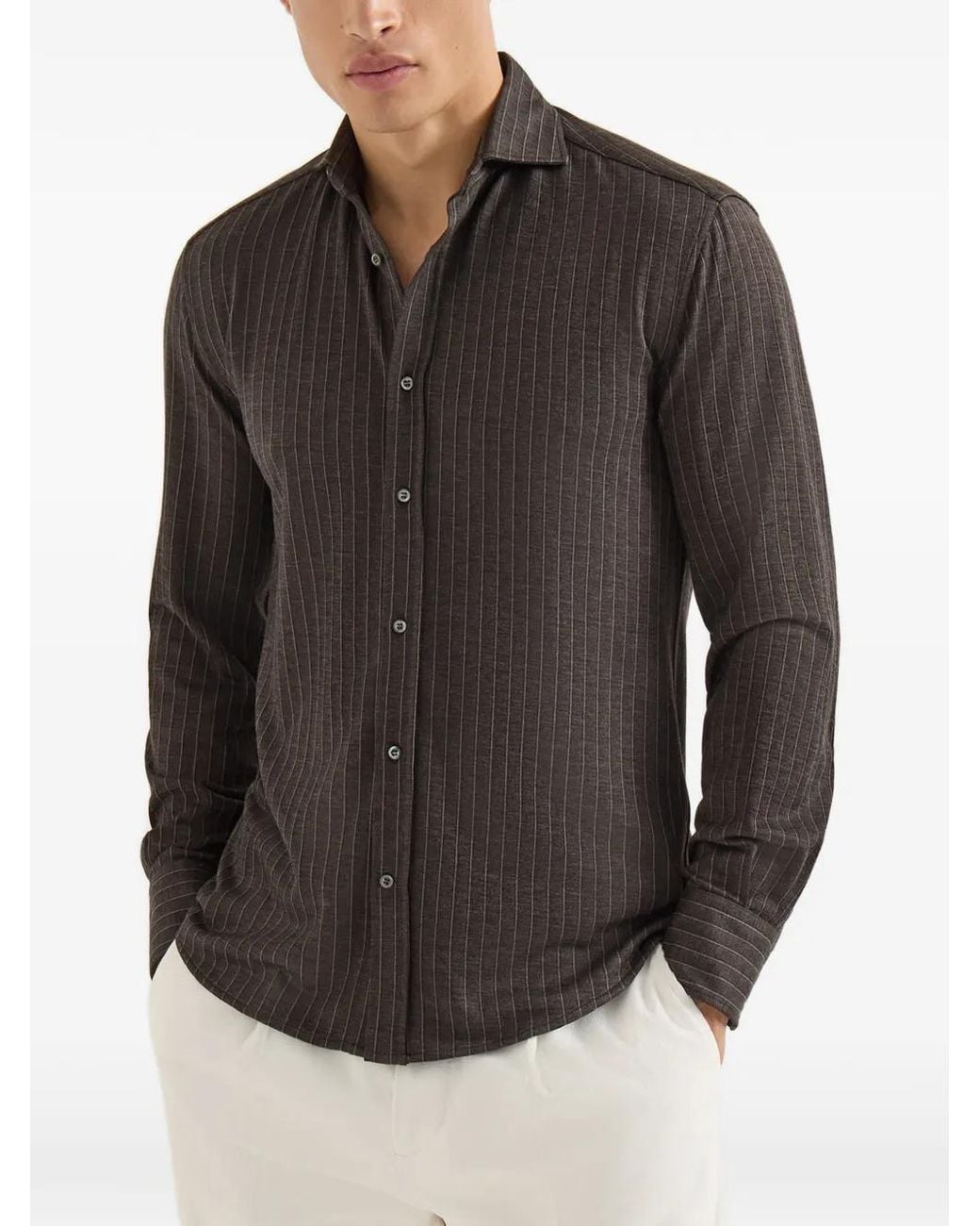 Brunello Cucinelli Gray Virgin Wool, Silk And Cotton Chalk Stripe Piqué Shirt for men