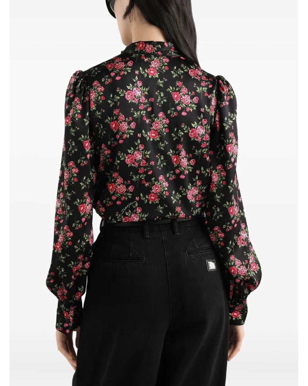 Dolce & Gabbana Black Small Rose Bouquet-Print Satin Shirt