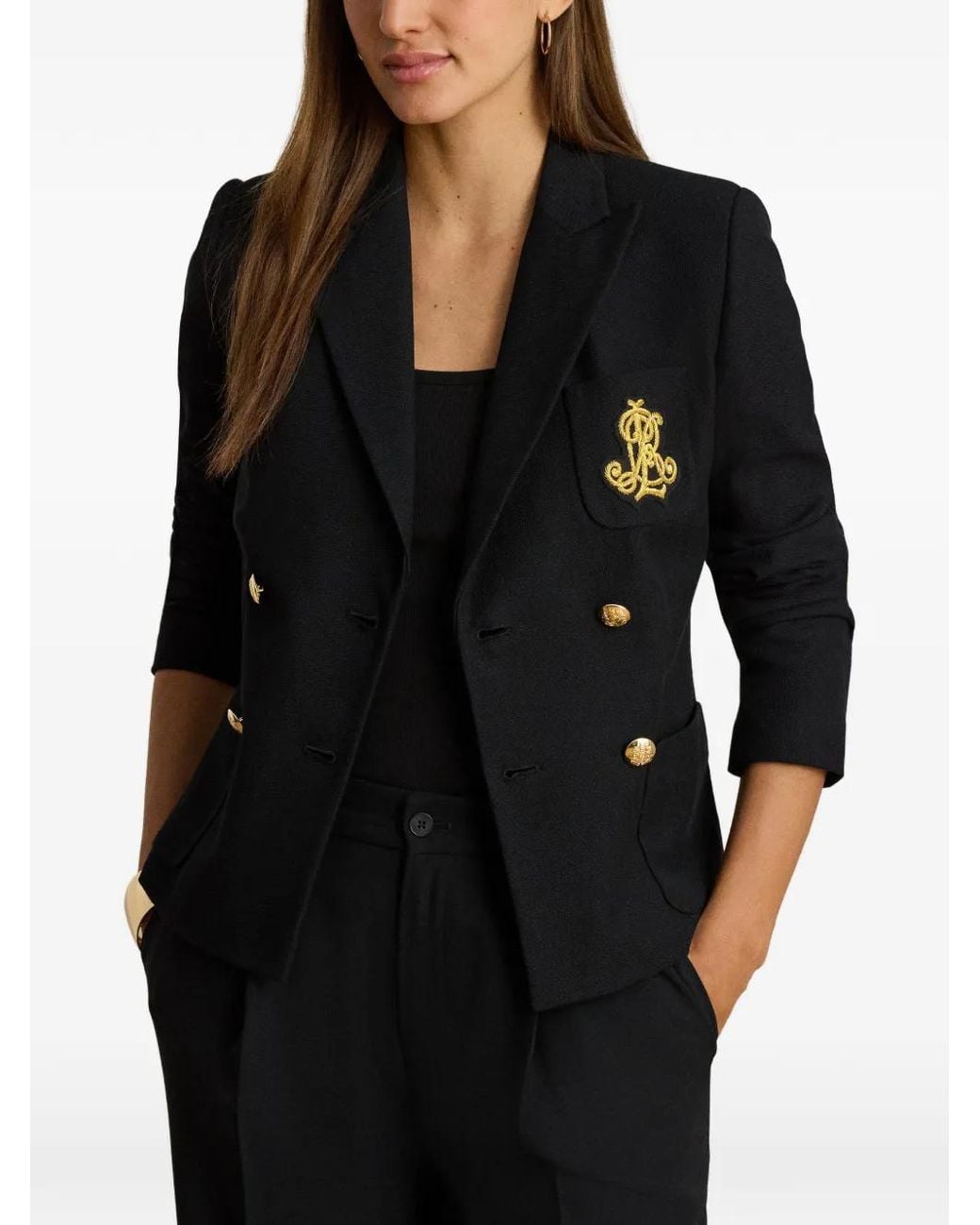 Ralph Lauren Black Double-Breasted Logo-Embroidery Blazer