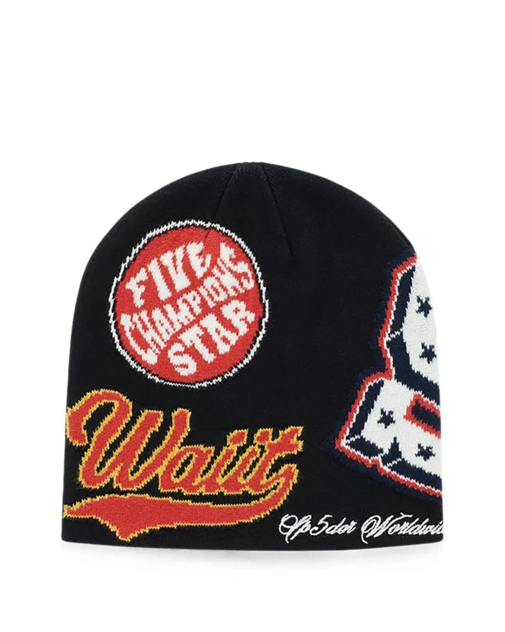 Sp5der Black District V Graphic-Intarsia Beanie Hat for men