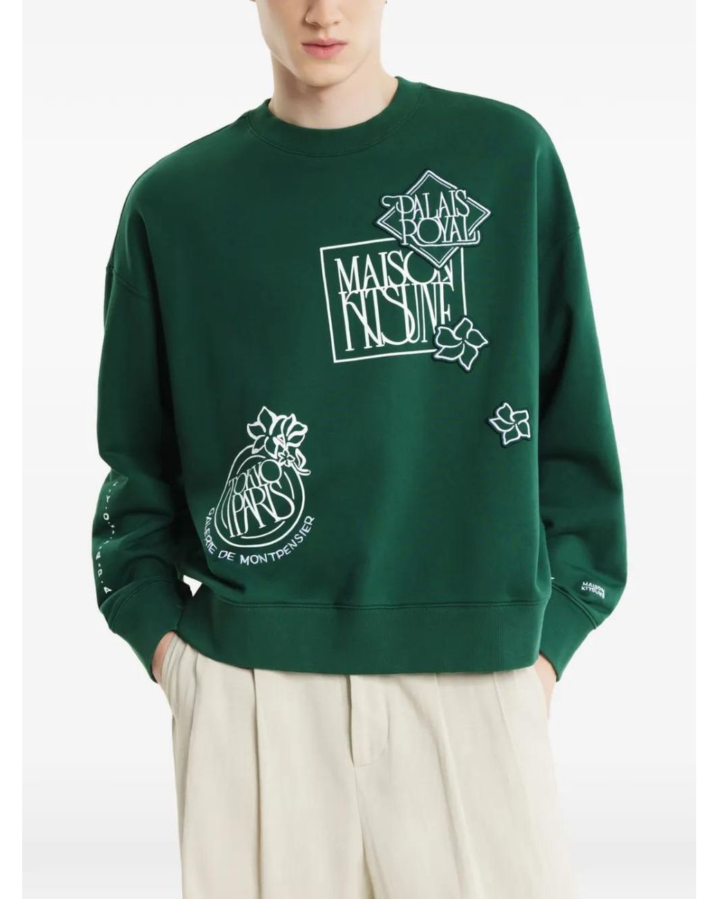 Maison Kitsuné Green Maison Kitsuné Maison Kitsuné Art Nouveau Stamps Appliqué Crewneck Sweater for men