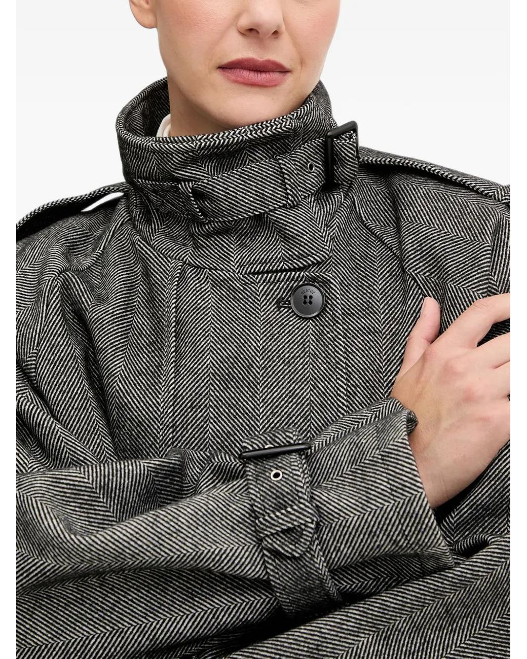 Gestuz Gray Herringbone-Pattern Double-Breasted Coat