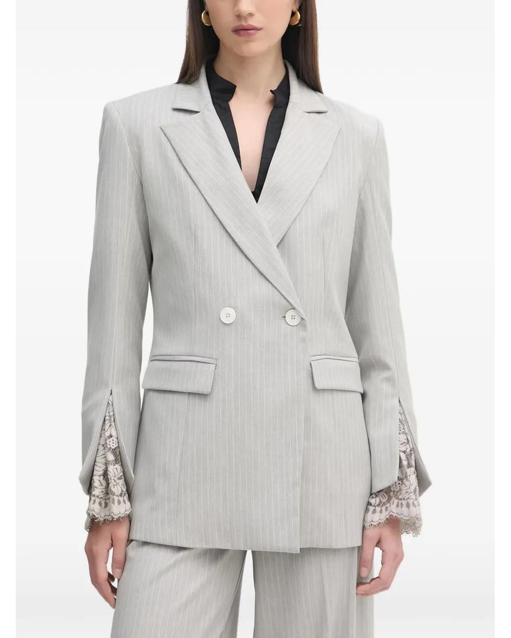 Haveone Gray Pinstripe-Pattern Double-Breasted Blazer