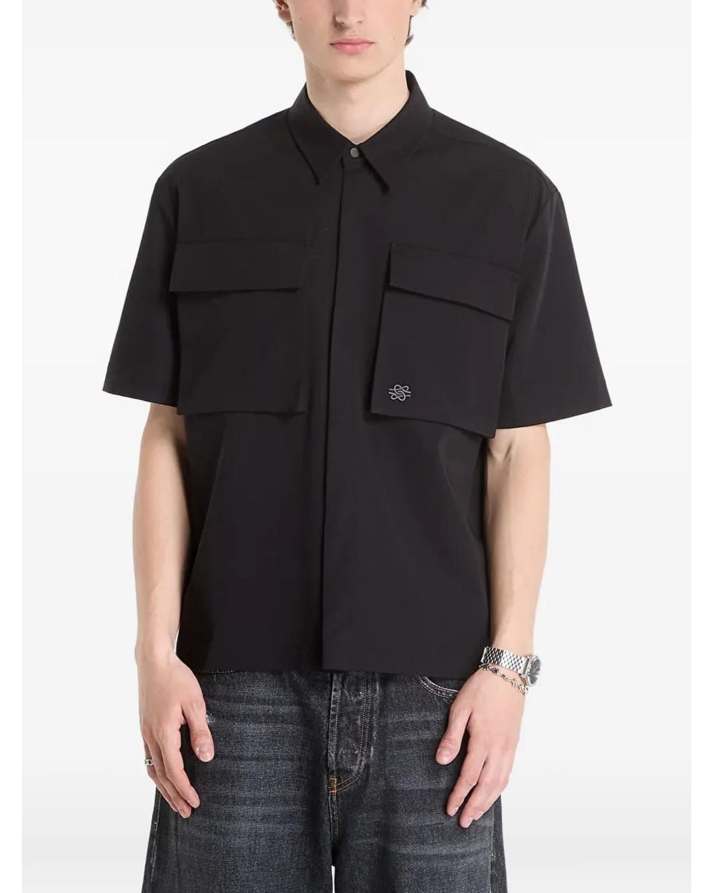 Filling Pieces Black Resort Flap-Pocket Shirt for men