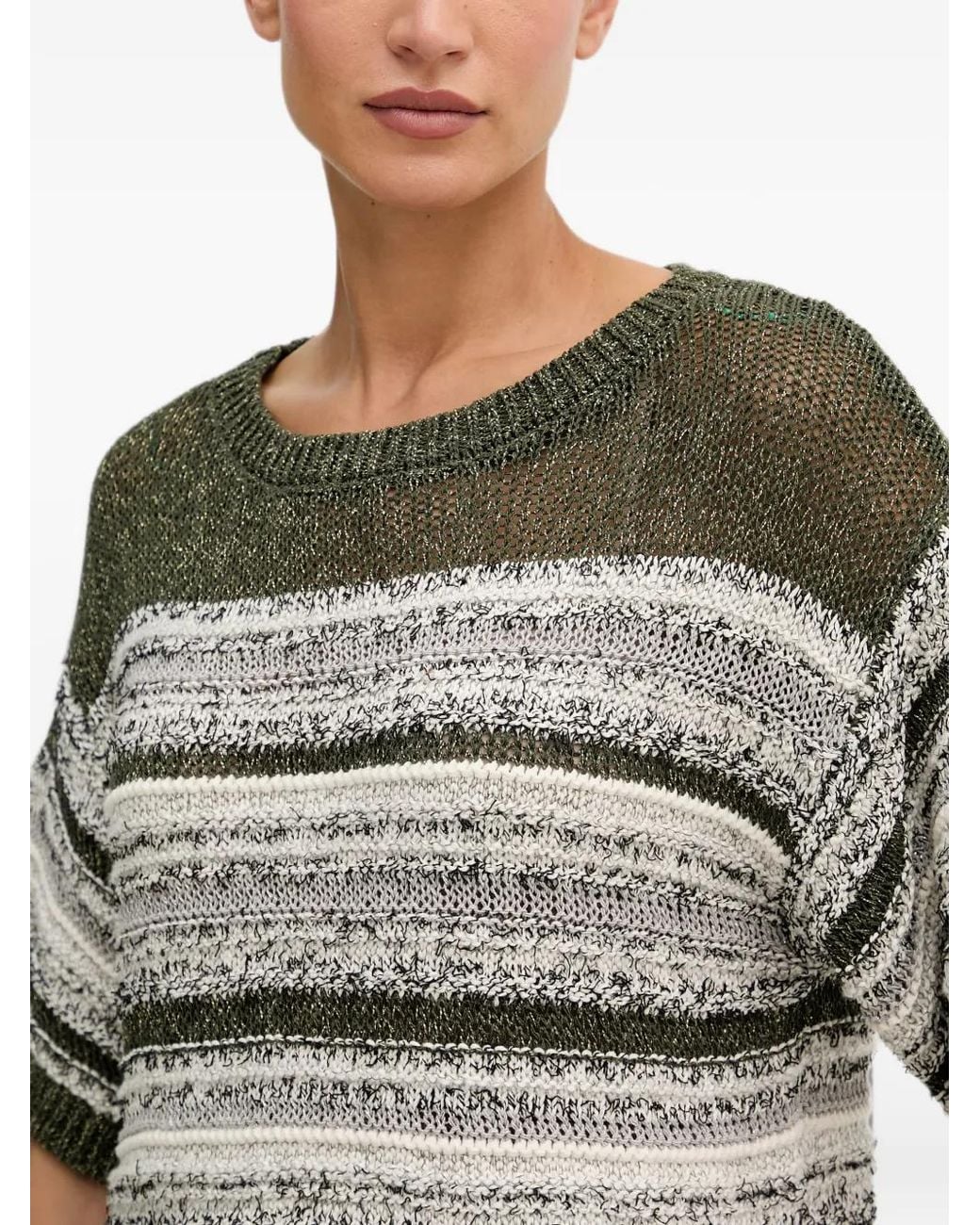 Benetton Gray Striped Short-Sleeved Cropped Sweater