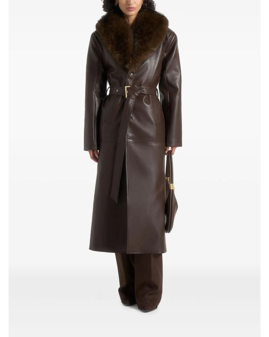 Manière De Voir Brown Cenya Faux Fur-Collar Faux-Leather Belted Coat