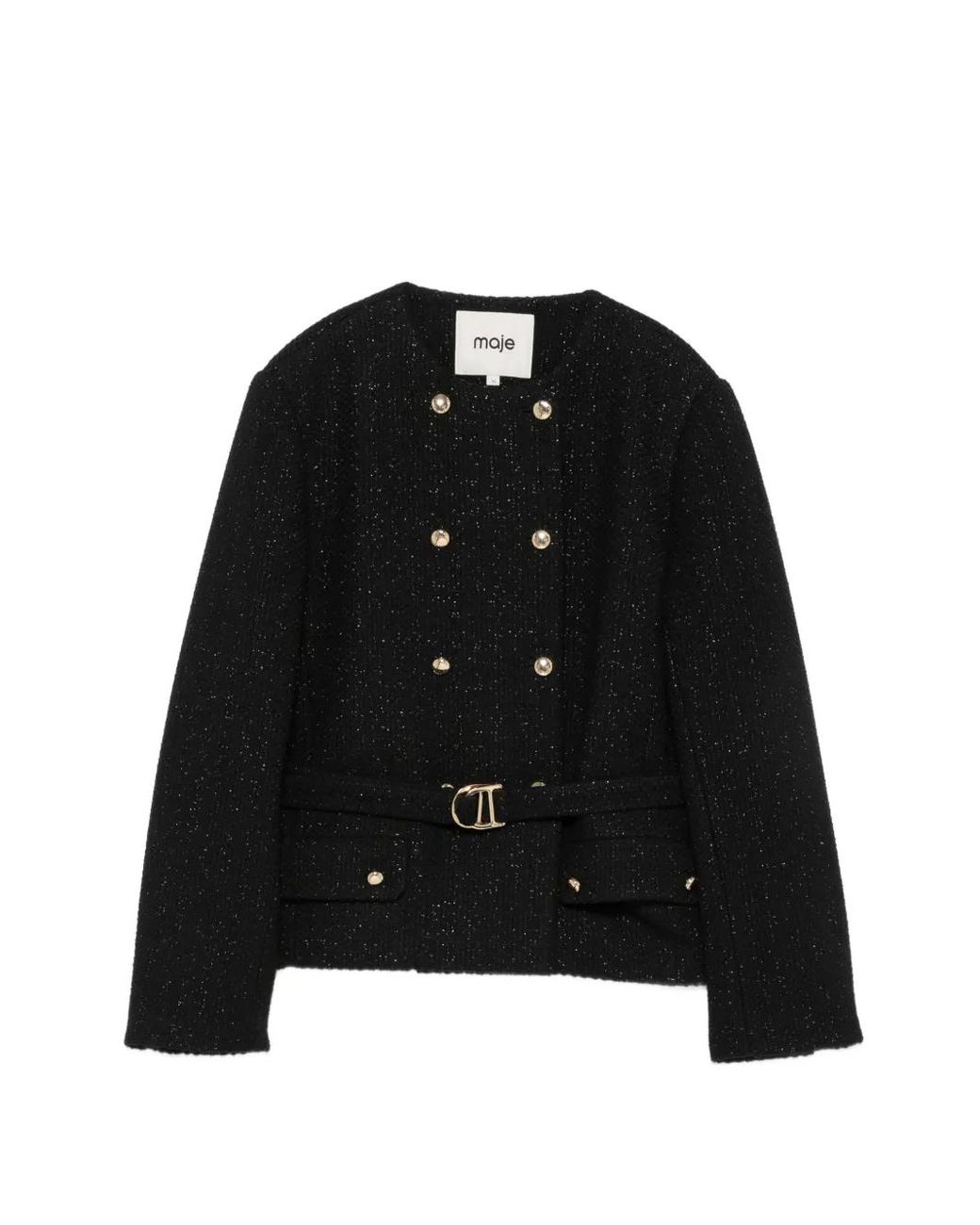 Maje Black Veste En Tweed Ceinturée À Boutonnière Croisée