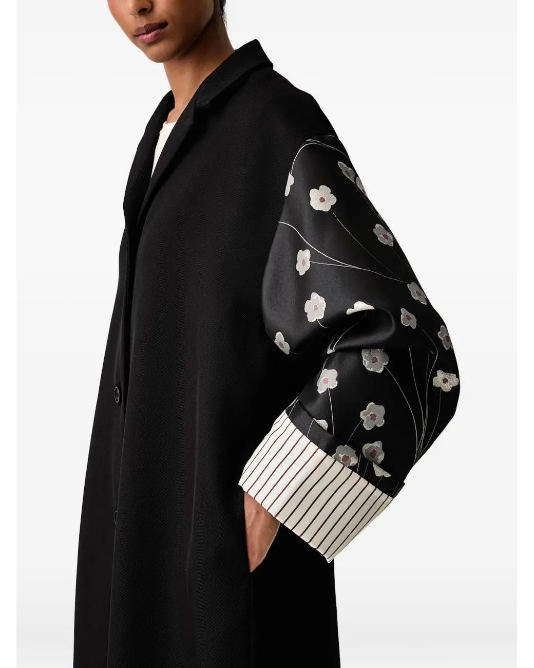 Stine Goya Black Floral-Print Striped-Cuff Coat