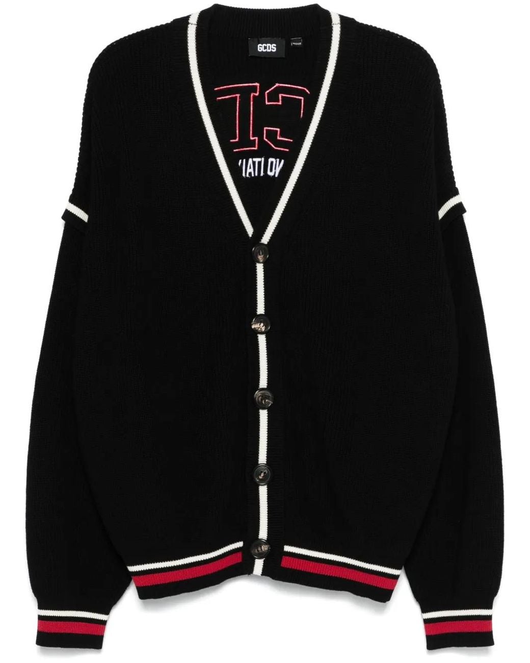 Gcds Black Ribbed Knit Button Cardigan for men