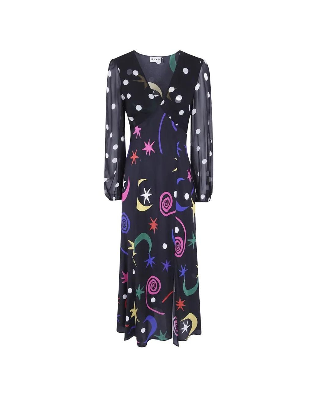 Rixo Blue Midi Celestial-Print Silk Dress