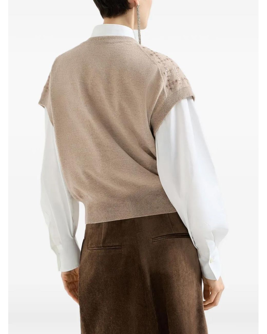 Brunello Cucinelli White Cashmere Knit T-Shirt With Dazzling Windowpane Embroidery