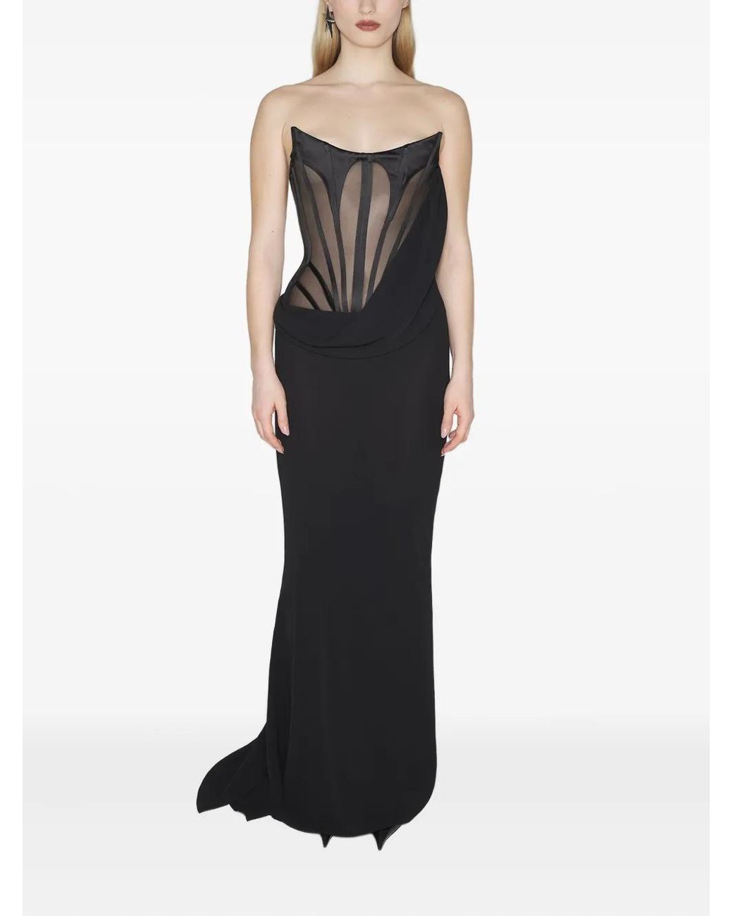 Mugler Black Corset Draped Maxi Dress
