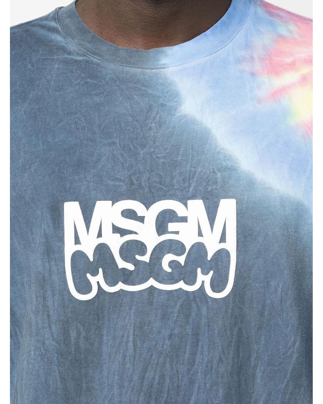 MSGM Blue Logo-Print Tie-Dye T-Shirt for men