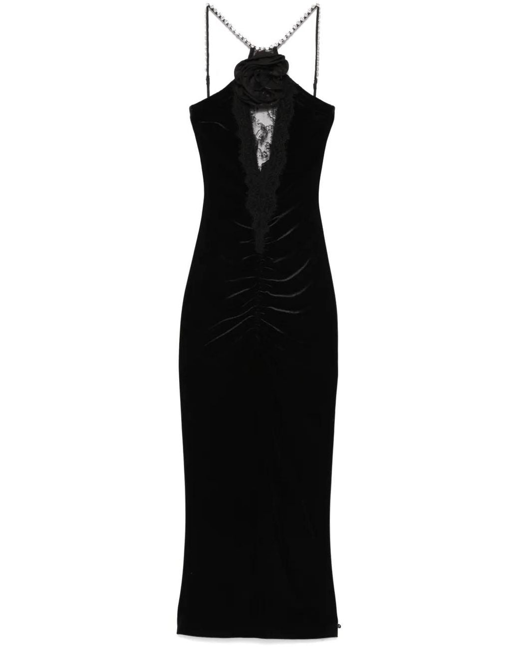 Nissa Black Floral-Appliqué Velvet Midi Dress