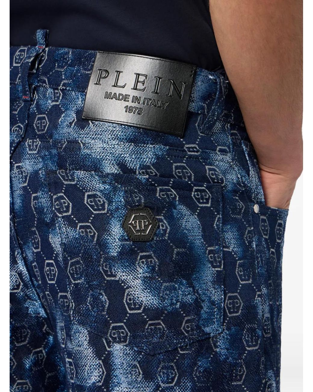 Philipp Plein Blue Monogram-Pattern Denim Shorts for men