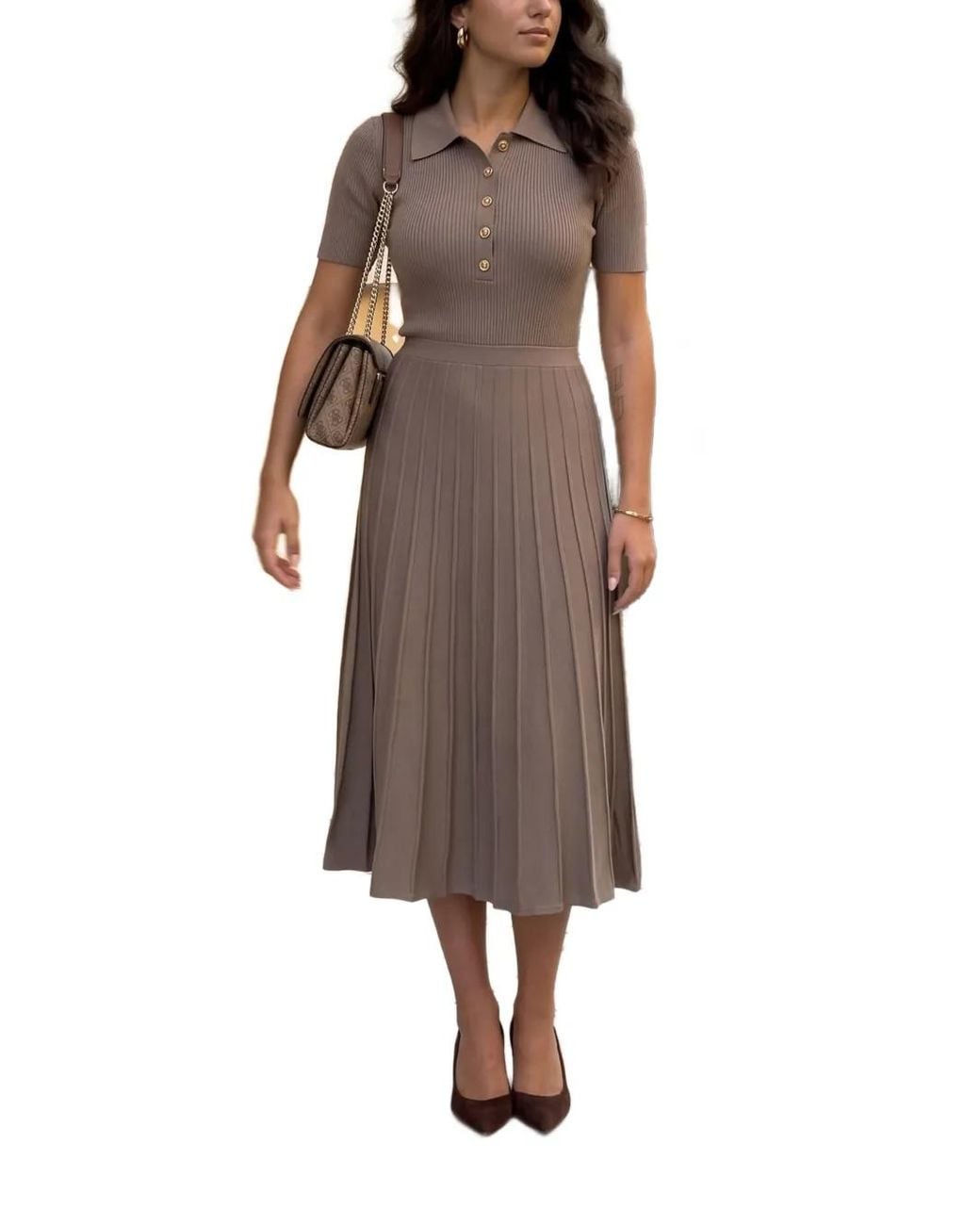 Michael Kors Brown Ribbed Stretch-Knit Polo Midi Dress