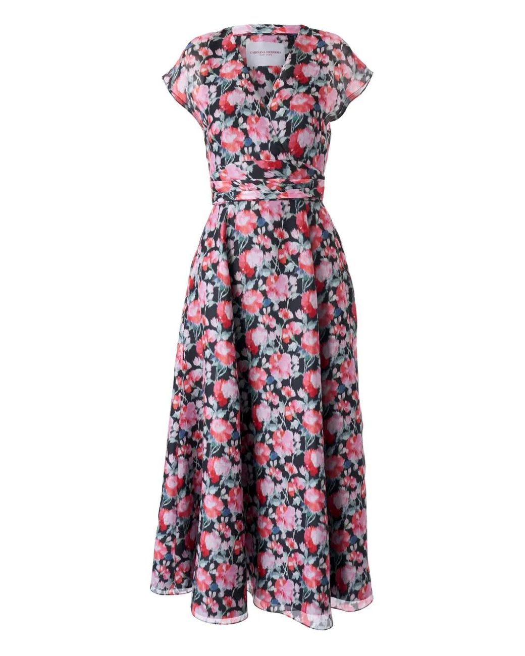 Carolina Herrera Purple V-Neck Floral Silk Cap-Sleeve Midi Dress