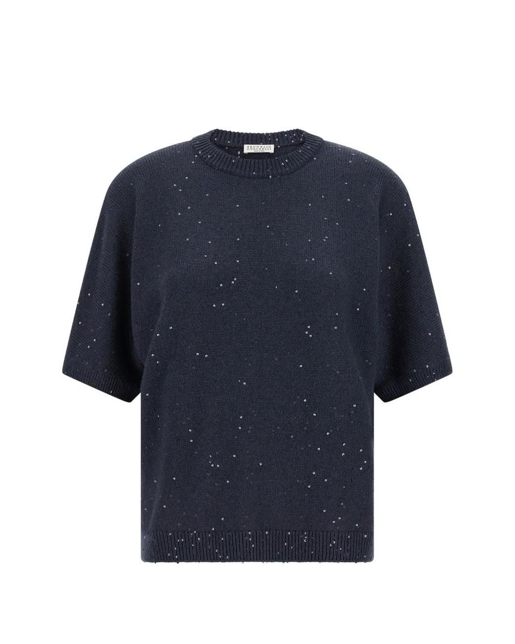 Brunello Cucinelli Blue Sequin-Embellished Short-Sleeve Sweater