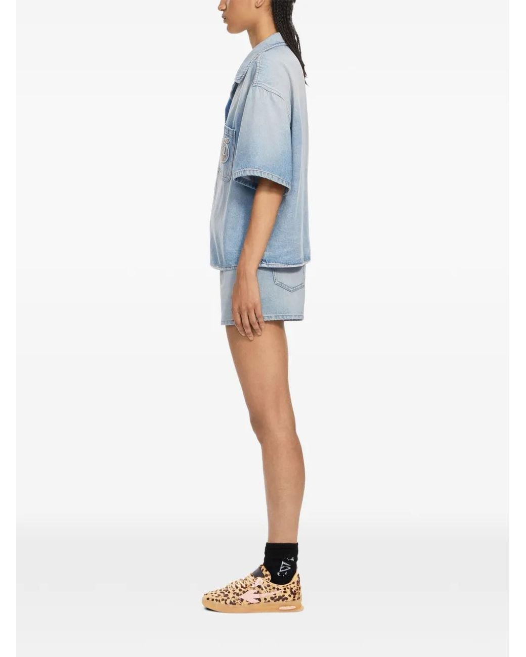 Off-White c/o Virgil Abloh Blue College Patch Denim Short Sleeve Shirt