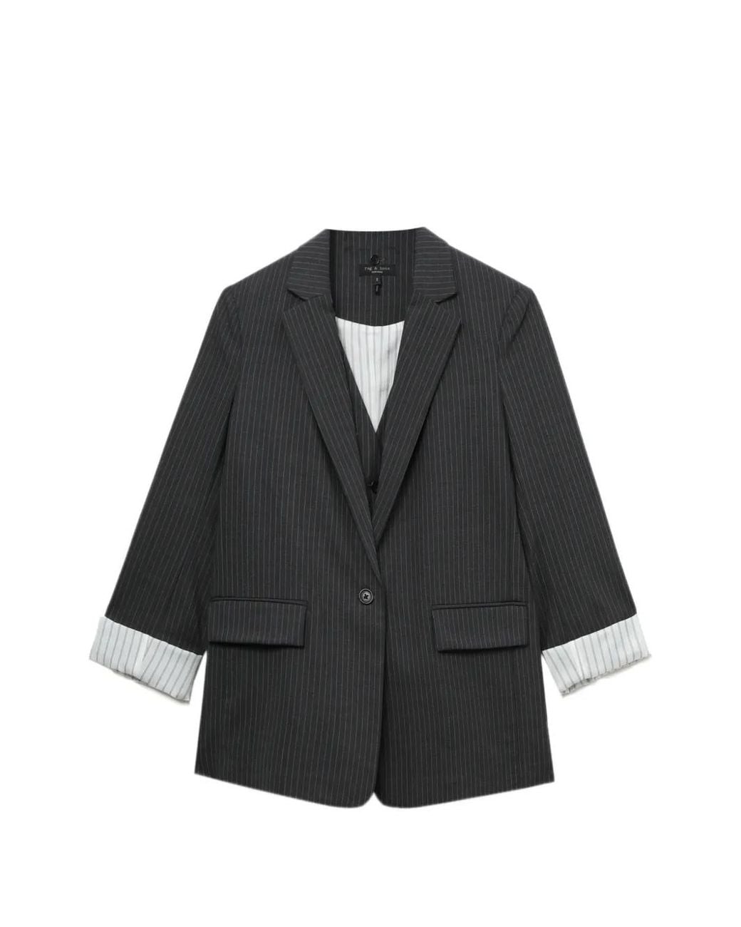 Rag & Bone Black Pinstripe Three-Quarter-Sleeve Blazer